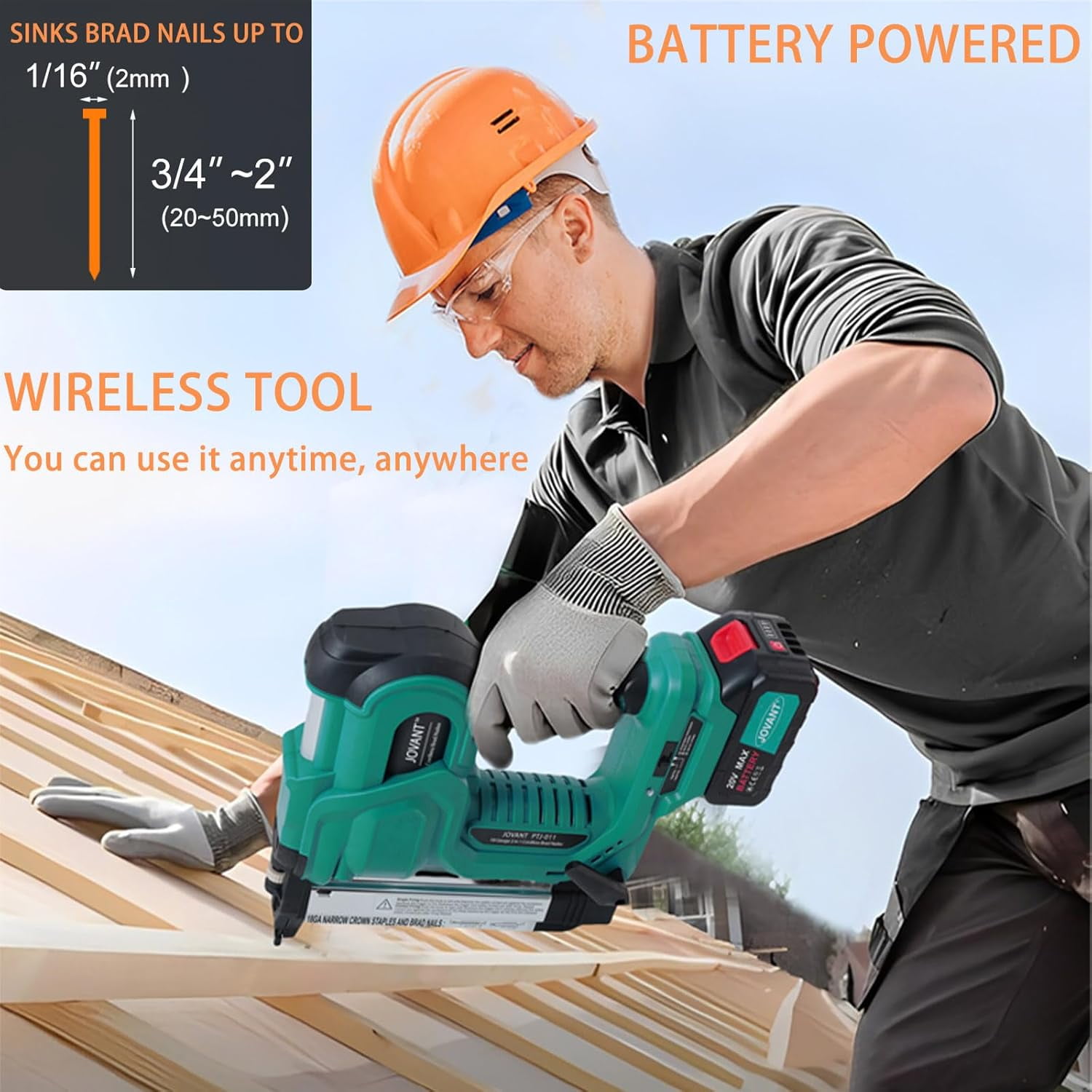Cordless Brad Nailer with 2-Max Batteries & Charger, 2" Length Nails -18GA 1/4" Narrow Crown Staples,Nail Gun Battery Powered,Staple Gun with 800pcs Staples & Nails(Jovant)