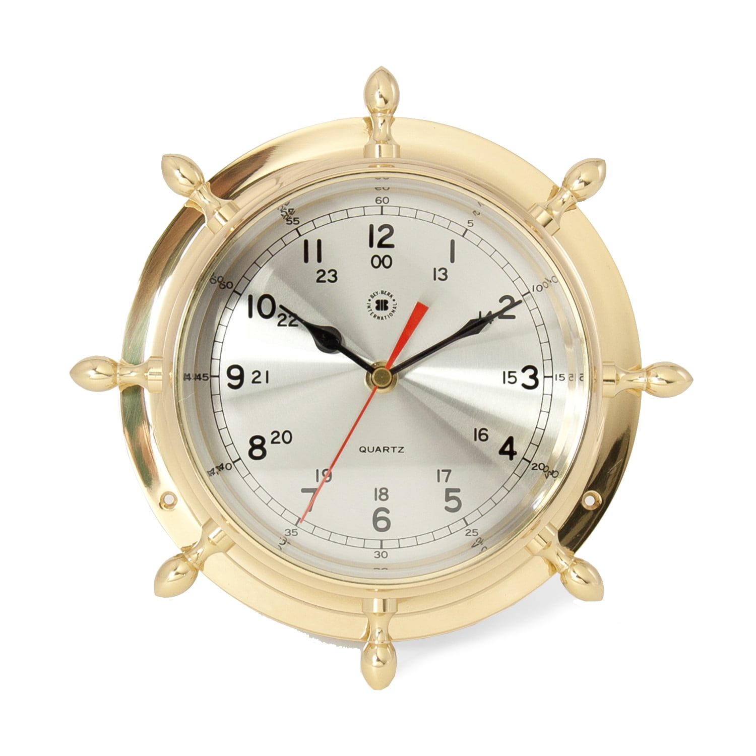 Bey-Berk Lacquered Brass Porthole Quartz Clock with Beveled Glass