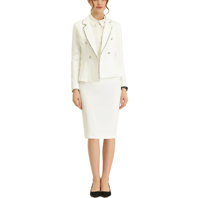 MODA NOVA Juniors 2 Pieces Business Suit Tweed Trim Blazer Jacket and Skirt Set White XS