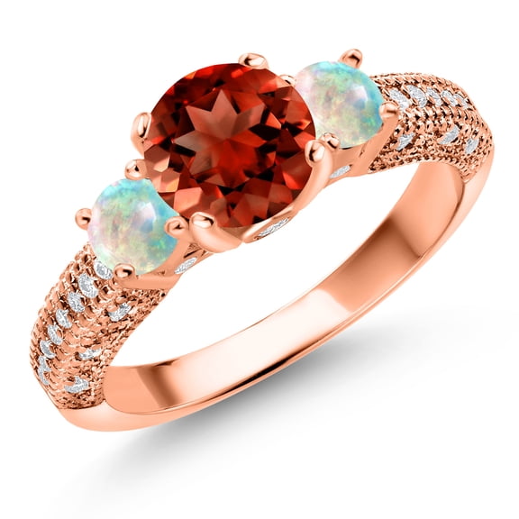 Gem Stone King 18K Rose Gold Plated Silver Red Garnet White Opal and White Moissanite Engagement Ring for Women (2.08 Cttw, Gemstone January Birthstone, Round 7MM and 4MM, Size 6)
