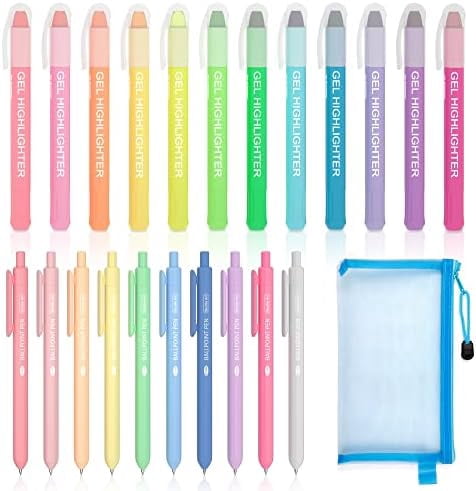 Bible Highlighters and Pens, 22 Pack Journaling Kit, 12 Colors Gel Highlighters and 10 Colors Ballpoint Pens with a storage bag, Bible Markers No Bleed Through by Tekola