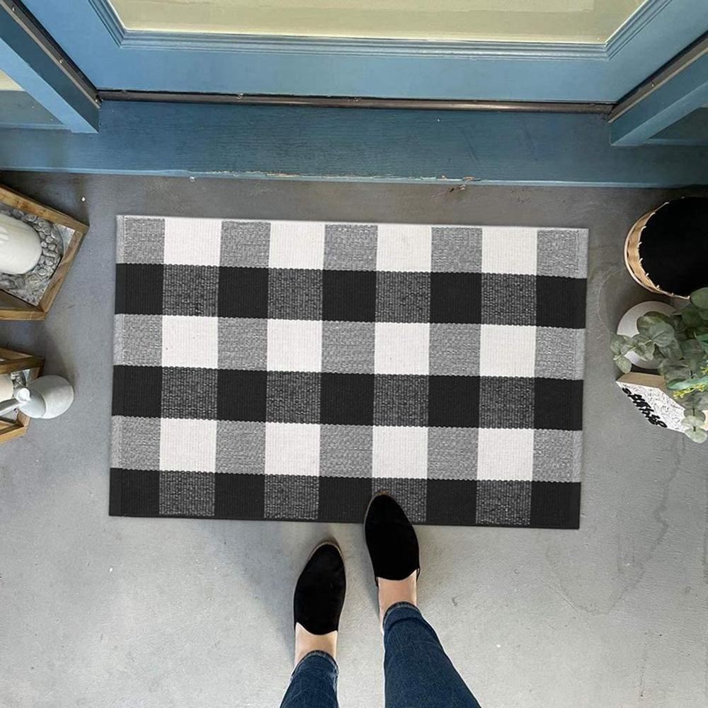 Black and White Buffalo Plaid Rug - 27x43 + Upgraded Anti-Slip Mat,  Outdoor/Indoor Front Porch Check Doormat, Welcome Small Carpet Cotton  Checkered Door Mat, Kitchen Farmhouse Entryway Washable Décor 