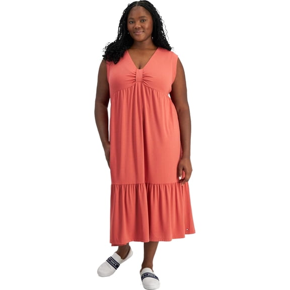 Tommy Hilfiger Womens Solid Tiered Sleeveless Midi Dress, Red, Plus Size, 0X