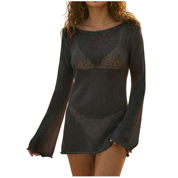 SELONE Cover ups for Women Knit Dresses Long Sleeve Cutout Swimwear Off Shoulder Mid Summer Bathing Suit Black M