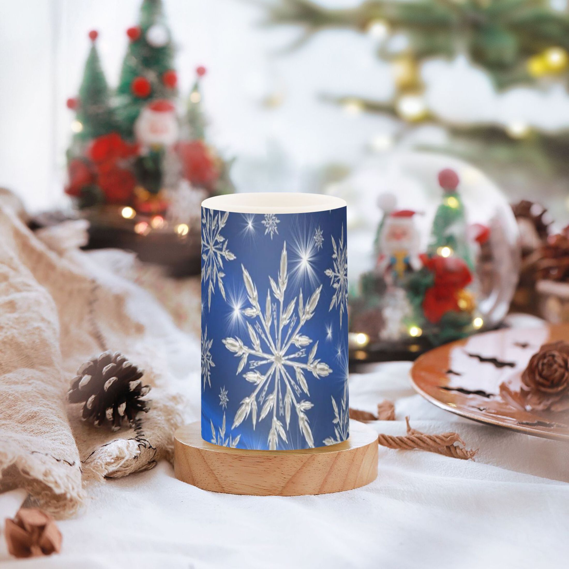 Christmas Blue Snowflakes Flickering Flameless Candles Battery Operated with Remote Timer LED Pillar Candles Set of 2