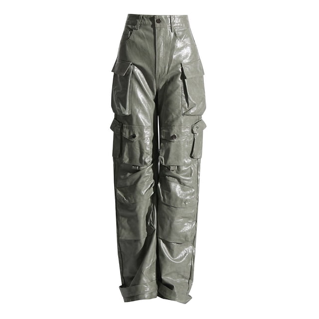 Pantalones de diseño personalizado, de moda, de combinación completa, de cintura alta, con bolsillos grandes, de cuero PU, pantalones de pierna recta, contorno para mujer