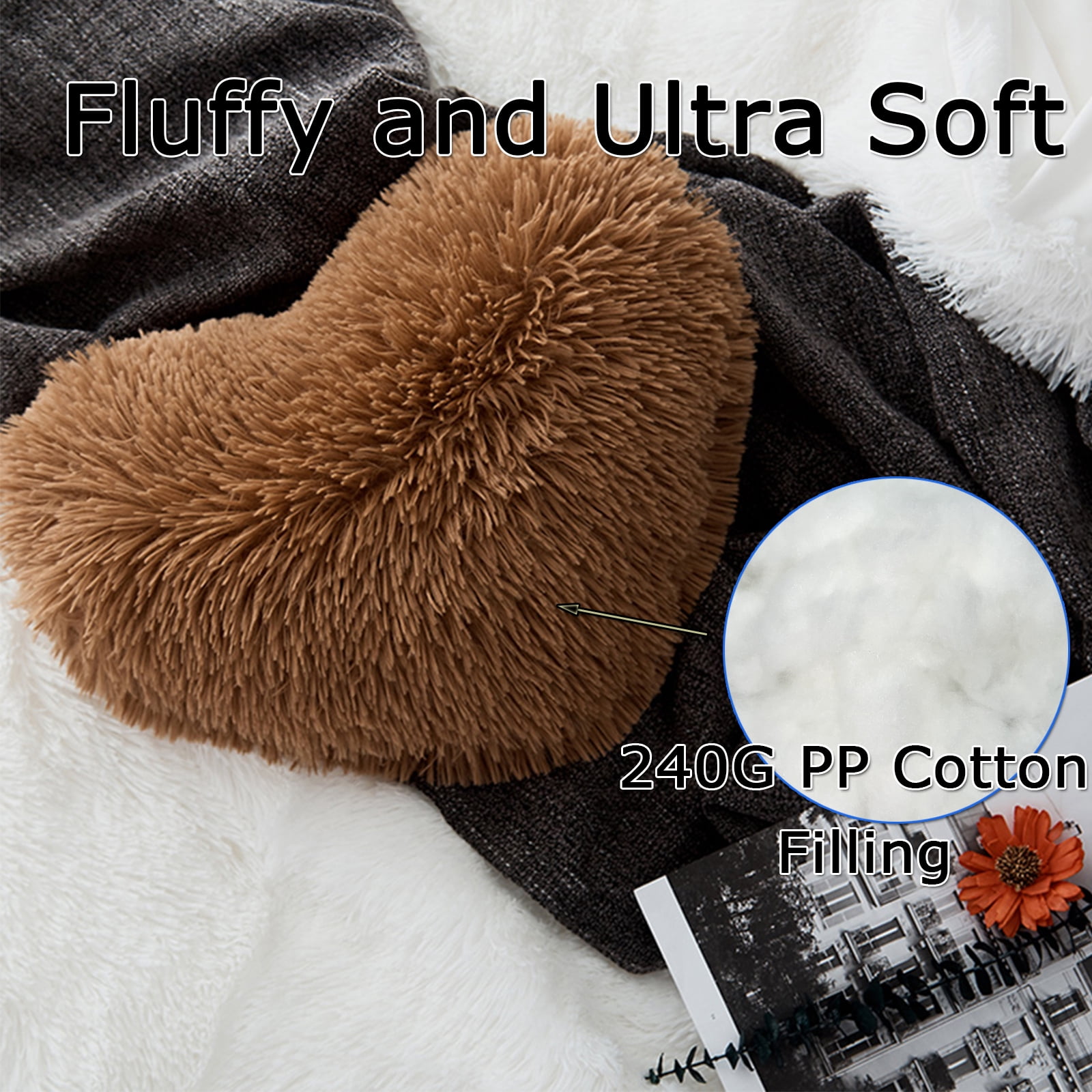 MorroMorn Fluffy Heart Throw Pillows, Shaggy Decorative Pillow for Sofa Couch Bed, Cute Room Decor Gifts for Women Girls Kids - Decorations for Valentines Day Mothers Day Christmas (Brown)
