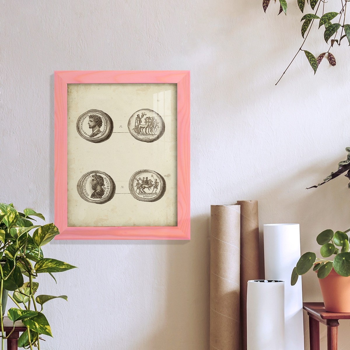 Antique Roman Coins VI -Framed Print w/glass-Sunset Pink