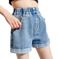 thumbnail image 4 of LIJCC Girls Summer Jean Shorts Athletic Denim Shorts Button Decoration Fashion Elastic High Waist Loose Sport Shorts(Blue,5-6 Years), 4 of 9
