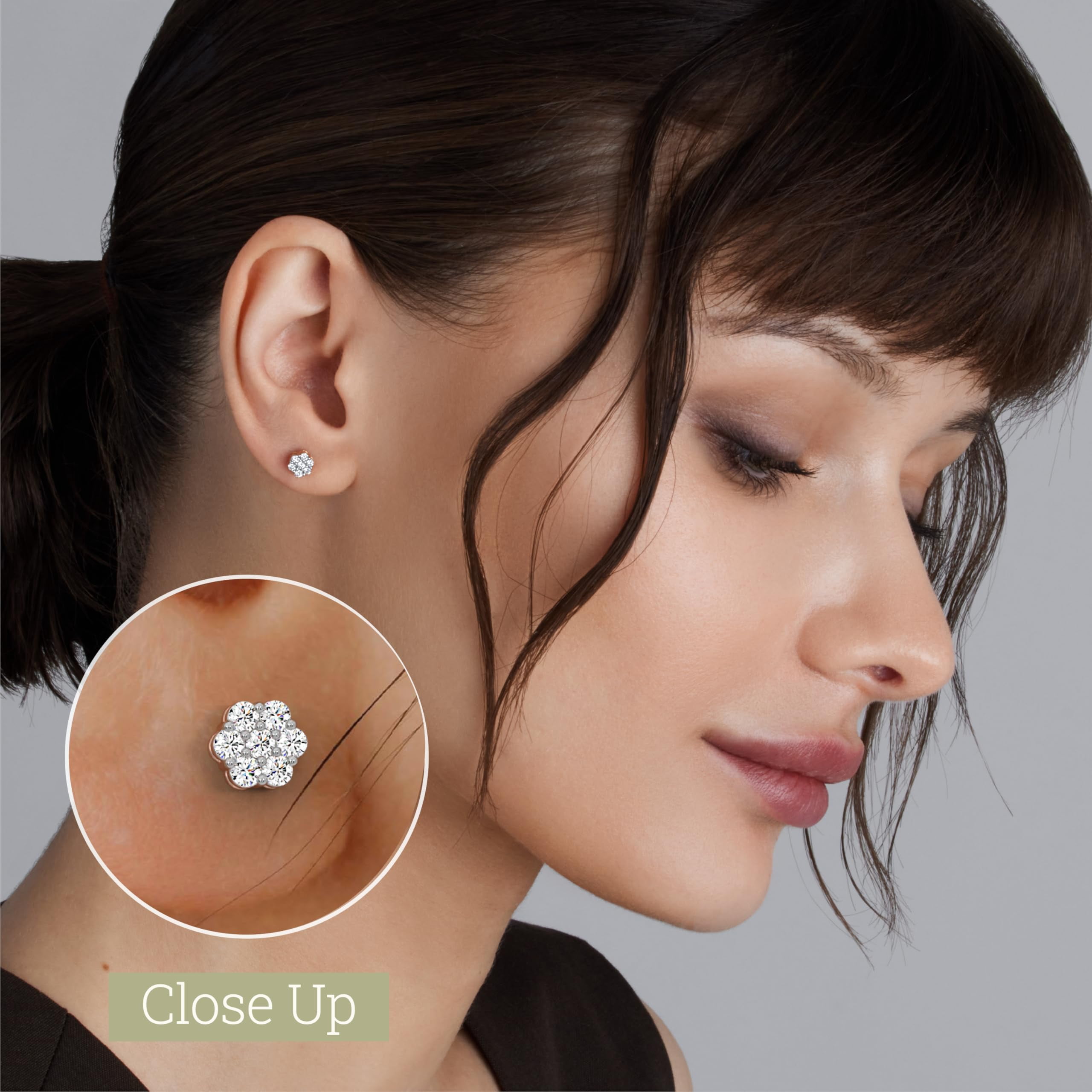 Gilded 1/4 Carat Total Weight Lab-Grown Diamond 14KT Yellow Gold Plated Silver Stud Earrings for Women, 7-Stone Flower Shaped, Hypoallergenic Fine Jewelry, Prong Setting Push Back SI1 Clarity F Color