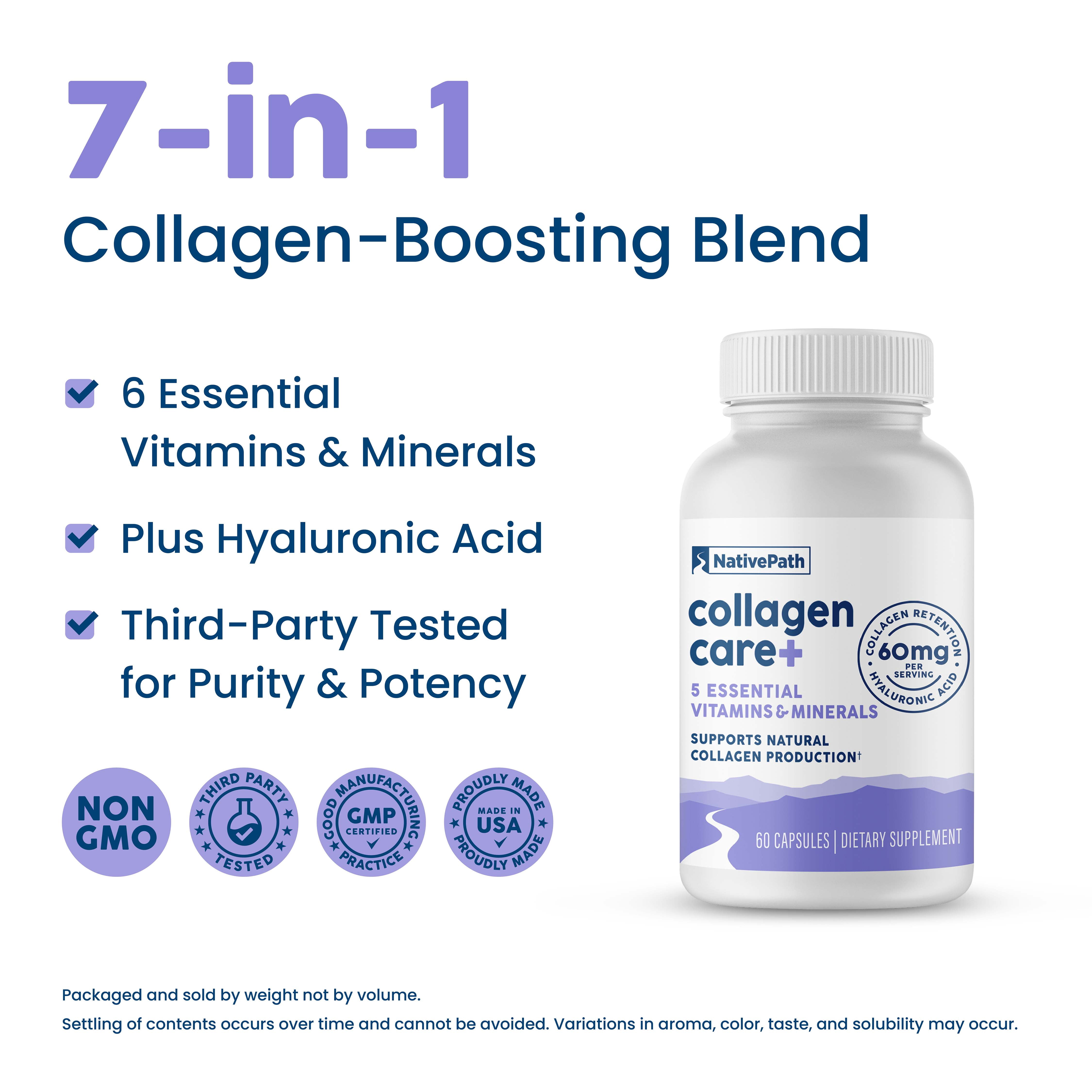 NativePath Collagen Care Plus, Vitamins with Hyaluronic Acid, Biotin and Boron for Women and Men, 60 Capsules