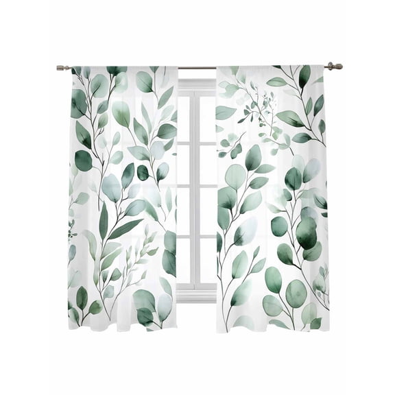 Watercolor Leaf Sheer Curtains 2 Panels Set Eucalyptus Leaves Green Botanical Lihgt Filtering Rod Pocket Voile Drape, Semi Sheer Window Curtains for Bedroom Living Room, 52"x72"