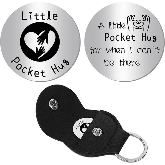 1set Inspirational Pocket Hug Token Long Distance Relationship Inspiring Coin Double Sided Engraved Keepsake with PU Leather Keychain Gift for Friends Christmas Birthday Heart Hand 1.2x1.2inch Silver