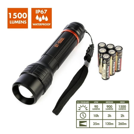 Ozark Trail 1500 Lumens Waterproof Focusing Flashlight, 6 AA Batteries, Black