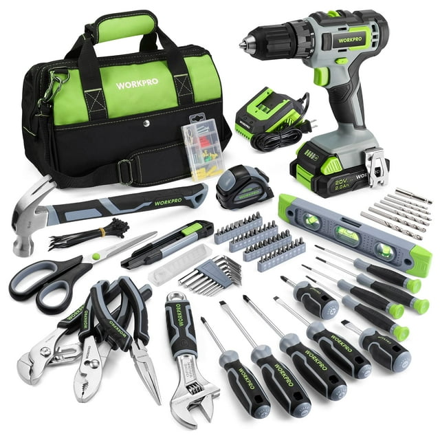 Juego de herramientas WORKPRO Home 157 piezas con destornillador inalámbrico de 20 V