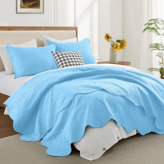 Ameha 3-Piece Bedspread Washable Coverlet Set Modern Floral Embossed Quilt Soft Microfiber Adult King Light Blue