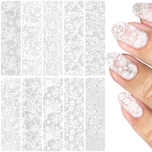 Láminas de transferencia para uñas SmallCat, 10 hojas, encaje blanco