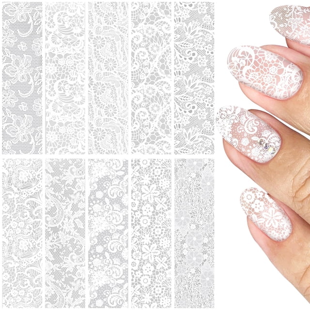 Láminas de transferencia para uñas SmallCat, 10 hojas, encaje blanco