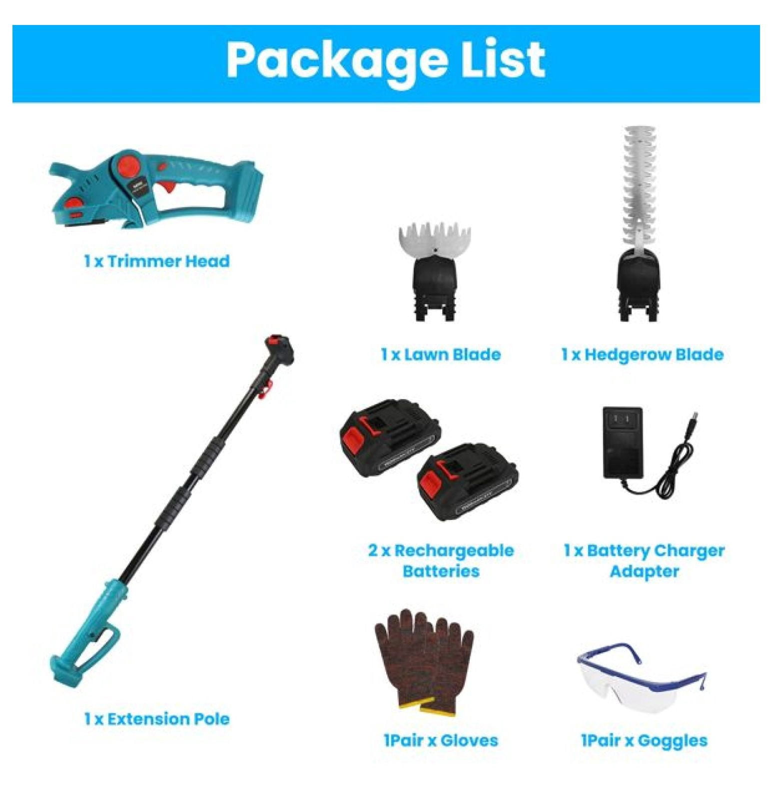 3 In 1 Multifunctional Mini Hedge Trimmer & Grass Shear Electric Cordless Handheld Hedge Trimmer with 90° Rotatable Head Telescopic Extension Pole Gloves Goggles 2Pcs 21V Batteries