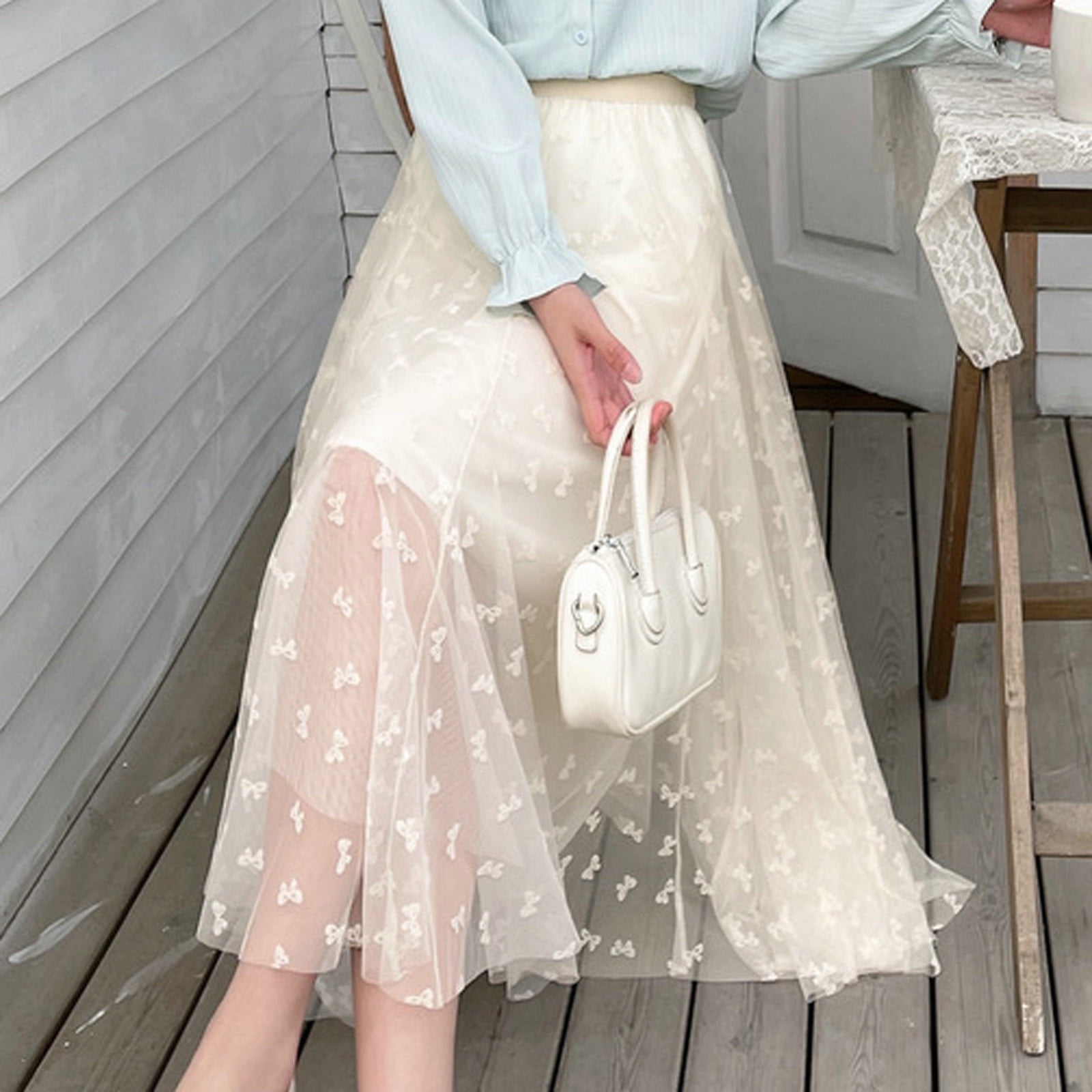 Long Women Tie Dye Print Gradient Color Mesh Pleated Skirt Elastic High Waist Tulle Midi Skirt