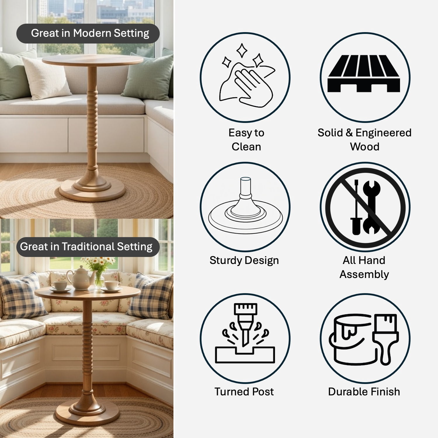 Decor Therapy Crewe Round Contemporary Side Table, Modern Drink Table with Pedestal Base for Kitchen or Living Space, Light Brown