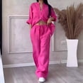 thumbnail image 2 of Women's Casual Solid-Color Cotton-Linen Shirt and Drawstring Wide-Leg Pants Set, 2 of 5