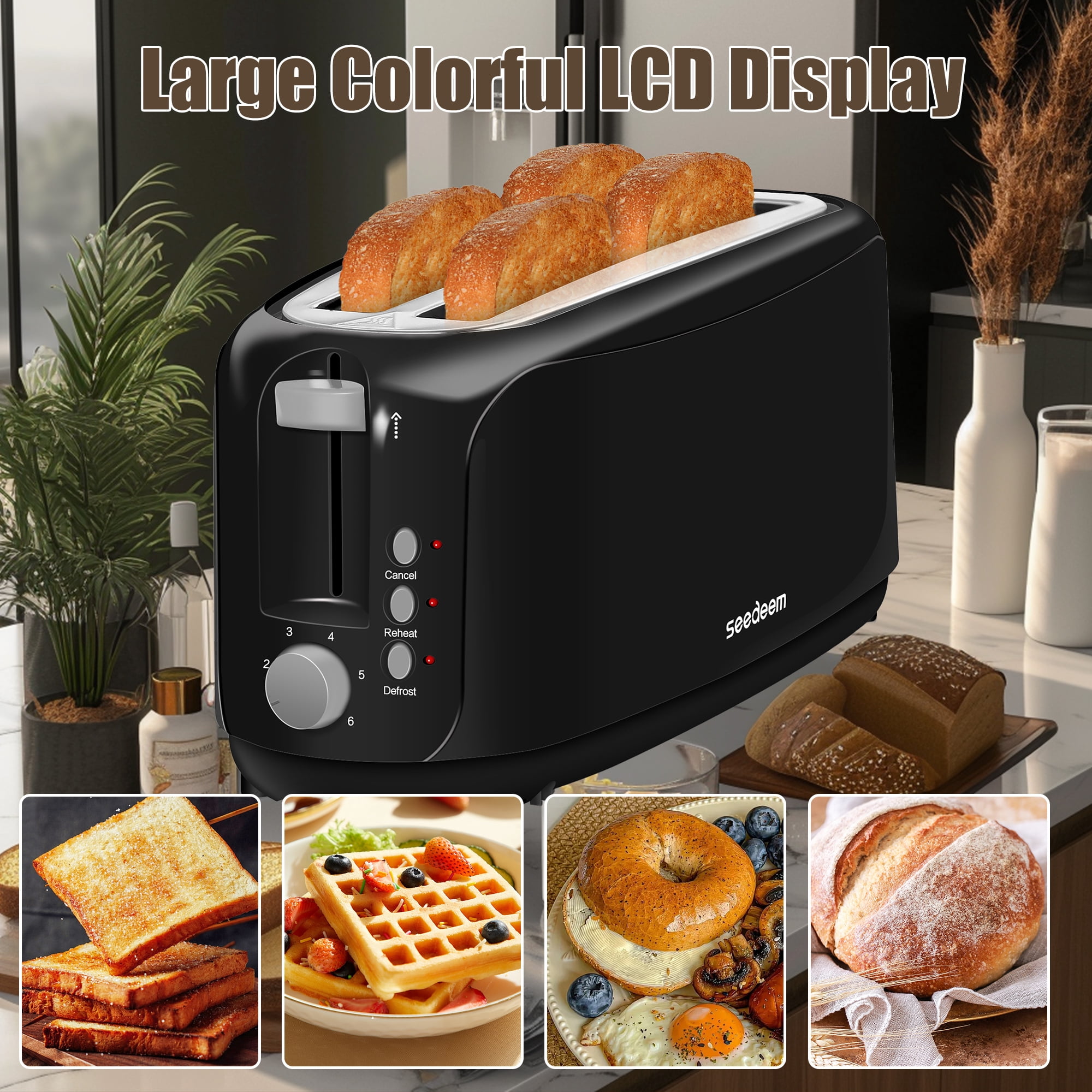 【Ultra-Slim Space-Saving】4-Slice Long Slot Toaster, Dual 10-Inch Slots, 6 Shade Settings with Cancel/Reheat/Defrost, Removable Crumb Tray, Easy to Store Vertically