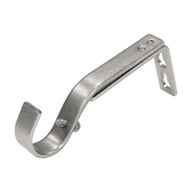 Brushed nickel adjustable single curtain rod bracket designed to fit 7/8” to 1” rods, featuring mounting holes and adjustment screw.