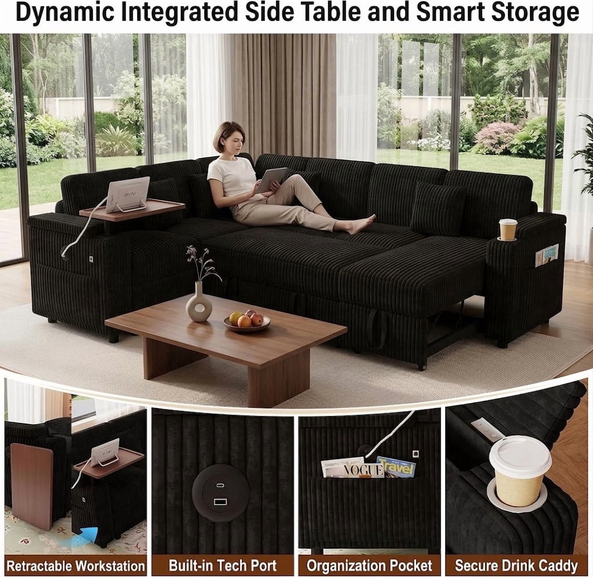 100" U-Shaped Sleeper Sofa with Pull-Out Bed, USB Charging Ports, Cup Holder, Flip-Top Table, Storage Chaise, Corduroy Sectional Couch for Living Room, Apartment & Guest Room