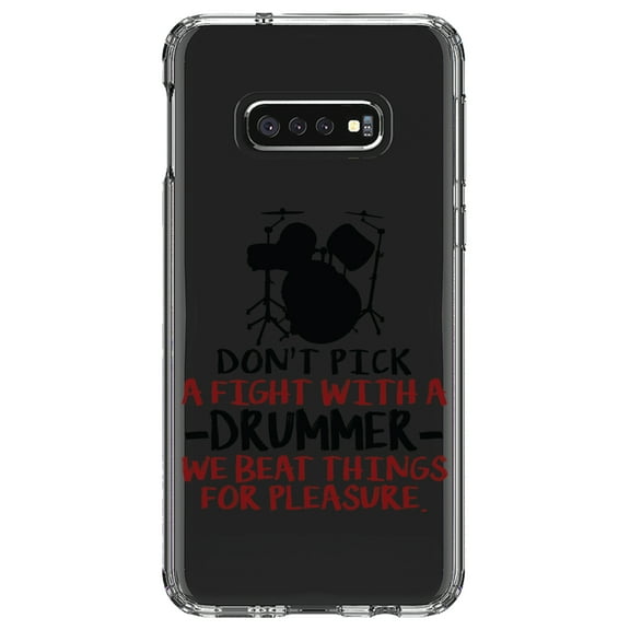 DistinctInk Clear Shockproof Hybrid Case for Samsung Galaxy S10e (5.8" Screen) - TPU Bumper Acrylic Back Tempered Glass Screen Protector - Don't Pick Fight with Drummer