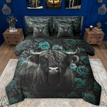 Manfei Black Highland Cow 7-Piece Twin Bedding Sets,Country Farmhouse Lodge Bedding Comforter Set,Blue Flower Floral Sheet Sets For Adults,Super Cozy Room Decor Reversible