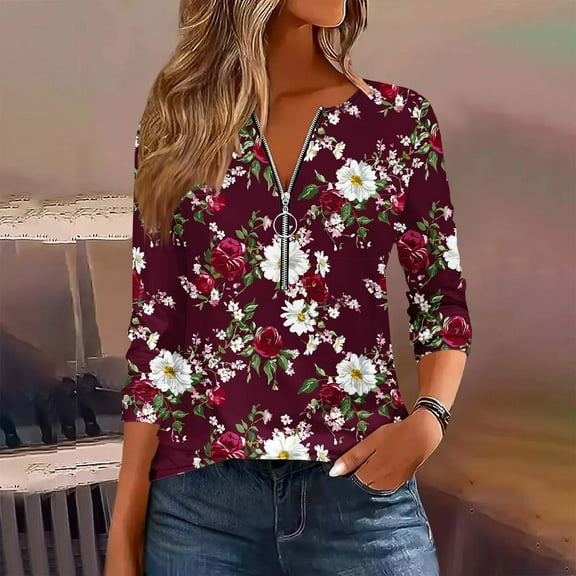 Aobny Ladies Tops and Blouses Women Red Floral Half Zip Tops Henley Long Sleeve Plus Size Women Blouses,L