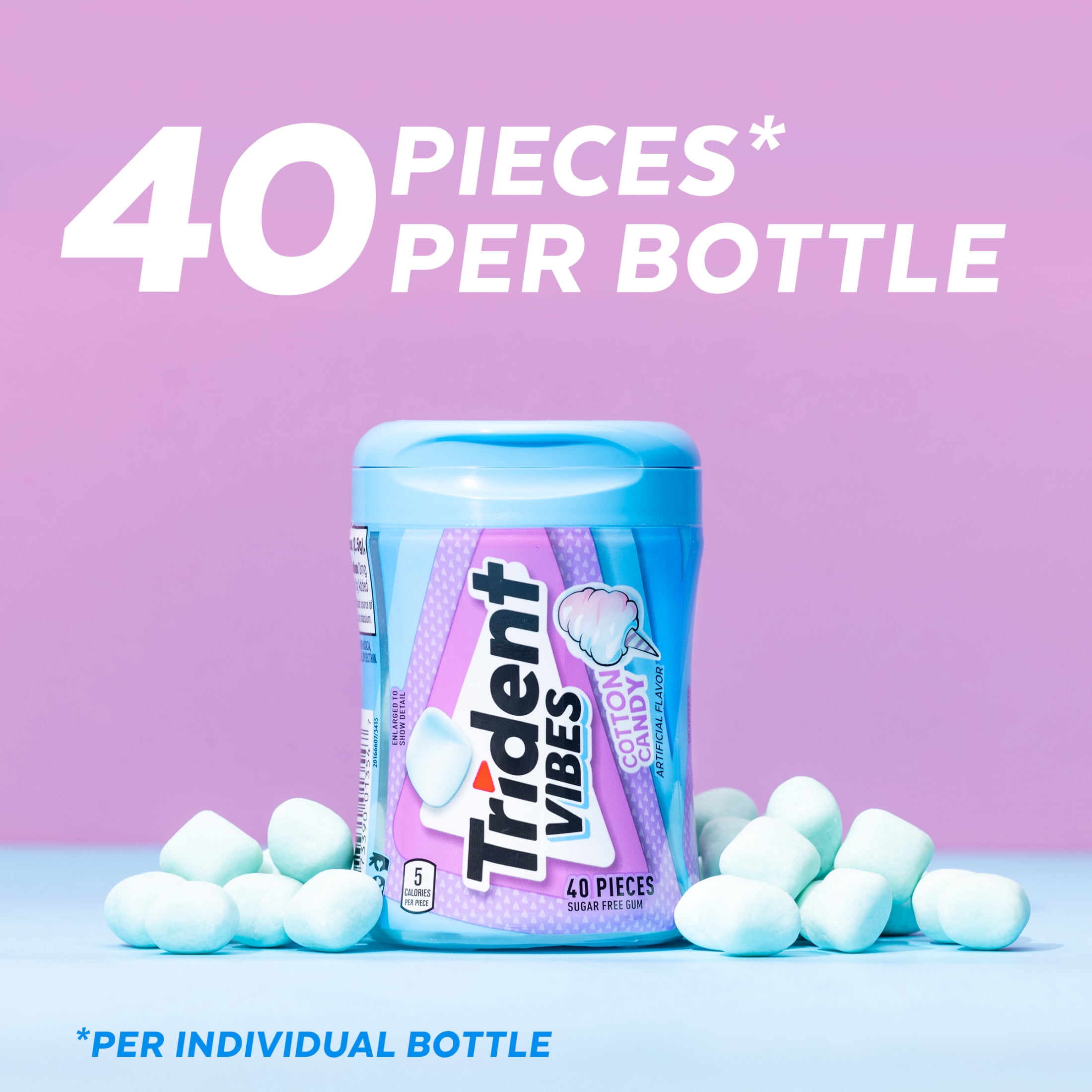 Trident Vibes Sugar Free Gum, Cotton Candy, Regular Size, 40 Piece Bottle