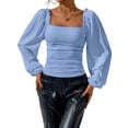 thumbnail image 2 of Women'S Square Neck Long Sleeve Crop Tops Puff Sleeve Ruched Blouse Blue M, 2 of 10