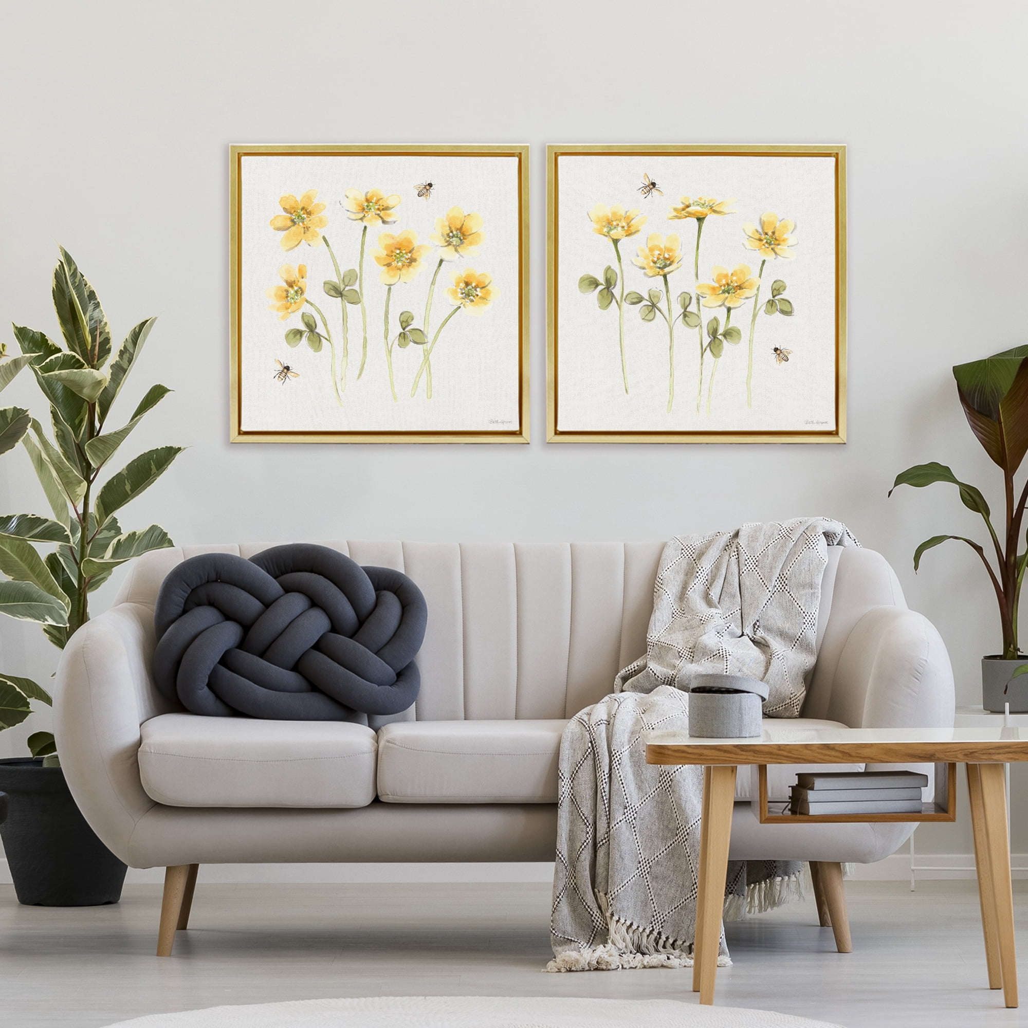 Stupell Industries Sweet Honey Flowers & Bees 2 Piece Gold Framed Floater Canvas Set, design by Beth Grove