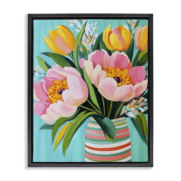 Stupell Industries Contemporary Flowers in Spring Stripes Black Floating Frame Canvas Art, 17 x 21, by Petals Prints Design