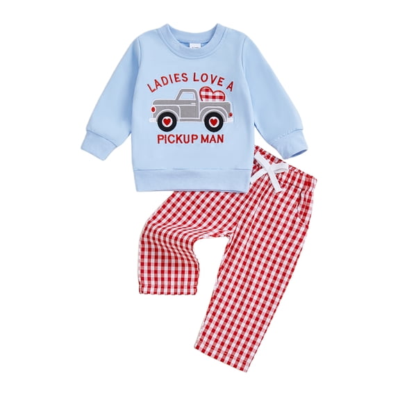 BemeyourBBs Toddler Baby Boy Valentines Day Outfits Spring Fall Winter Clothes Letters Printed Sweatshirt Tops and Plaid Pants Set