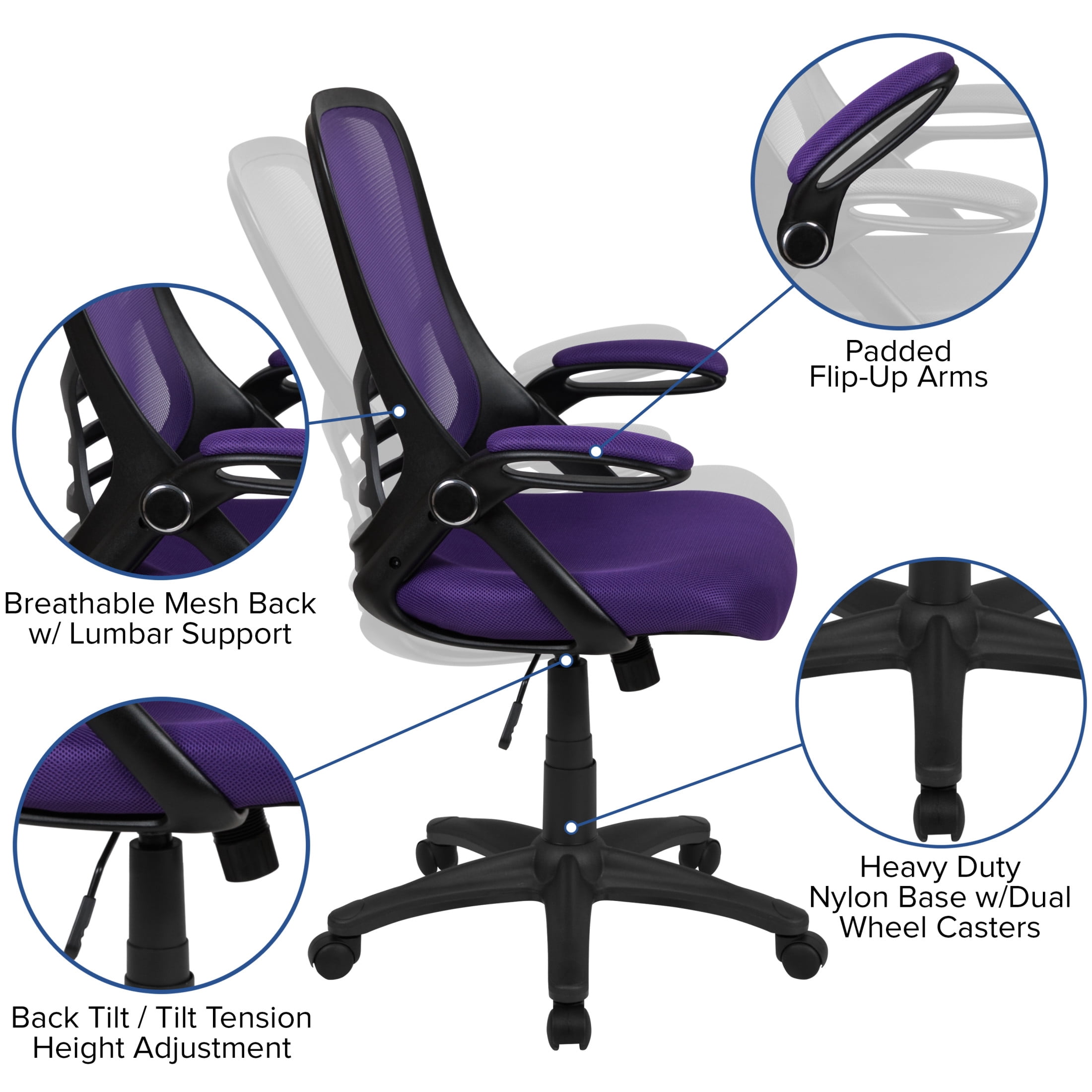 Flash Furniture Porter Ergonomic Mesh High-Back Swivel Office Chair with Flip-Up Armrests, Purple