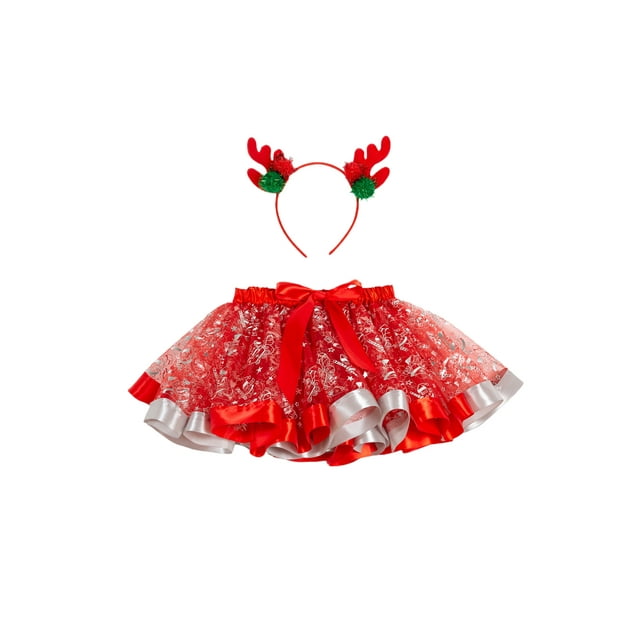 ITFABS Ensemble Jupe pour Fille Enfant Bébé Jupe Tutu à Imprimé de Noël avec Bandeau