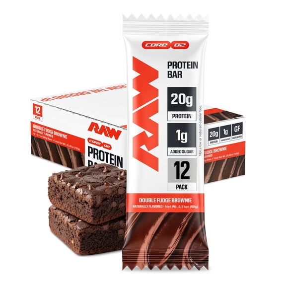 RAW Nutrition Protein Bar, 20g Protein, Double Fudge Brownie, 12 Pack
