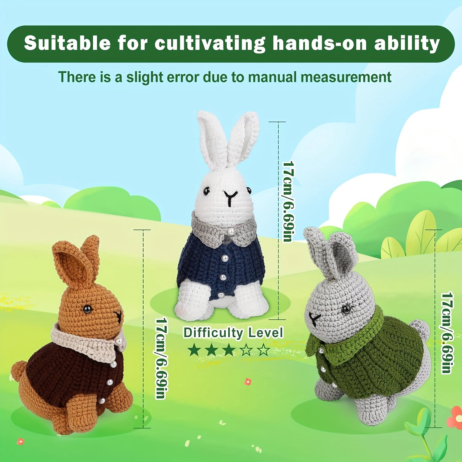 3pcs Crochet Kit for Beginners _ Rabbit Crocheting Animals Kits with Step-by-Step Video Tutorials - Knitting Supplies for Adults, Crochet Hooks Yarn DIY Craft Art