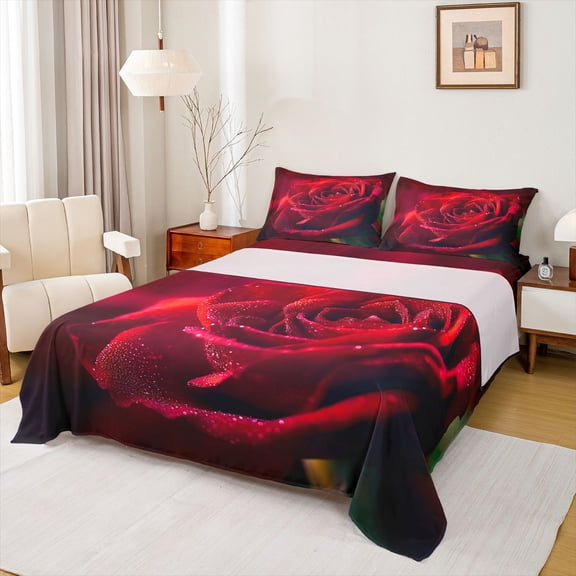 Feelyou Red Rose Flower Twin Sheet Sets, Romantic Valentine's Day Bedding, 3-Piece