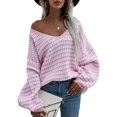 thumbnail image 1 of Womens Sweaters Pullover Oversized Deep V Neck Off Shoulder Tops Long Sleeves Loose Knit Sweater, 1 of 6