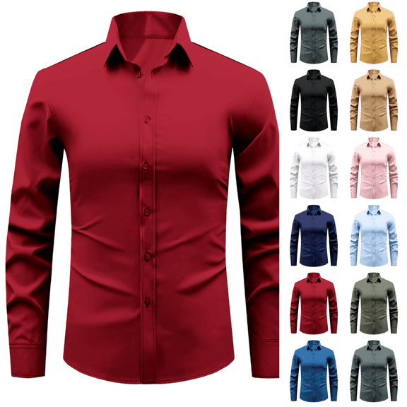 Mens Wrinkle Free Long Sleeve Dress Shirts Lapel Collar Slim Fit Button Down Business Casual Tops Wine XS
