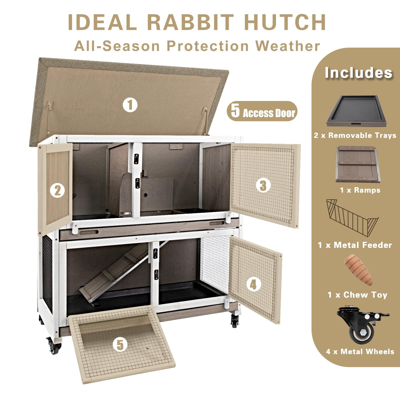 Gowoodhut Rabbit Hutch Indoor Wooden 2 Story Bunny Hutch Rabbit Cage with Wheels for Small Animals
