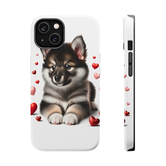 DistinctInk Tough Case for Apple iPhone 13 MINI (5.4" Screen), Compatible with MagSafe Charging - Valentine's Day Swedish Vallhund Puppy