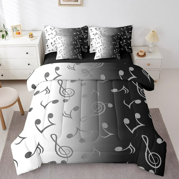 Erosebridal Musical Notes Bedding Sets Twin Size,Music Theme Comforter Sets with Sheets,Black Grey Bed in a Bag Twin size,Ultra Soft Melody Oom Decor,Reversible,7pcs