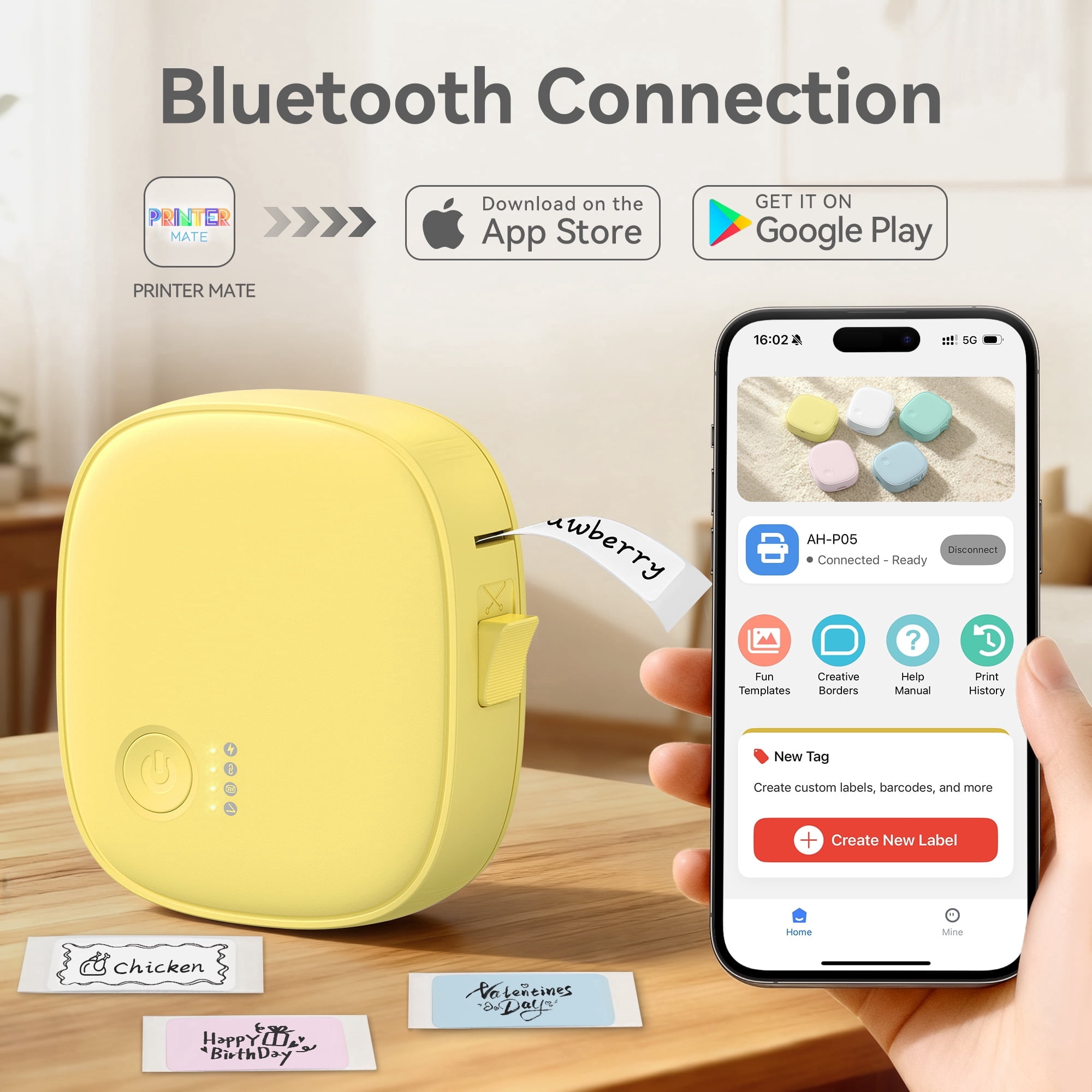 Blozor Mini Label Maker AH-P05 Portable Inkless Bluetooth Small Label Printer Wireless Thermal Label Maker with Tape for Home, Office, Kitchen, School , Storage (Yellow)