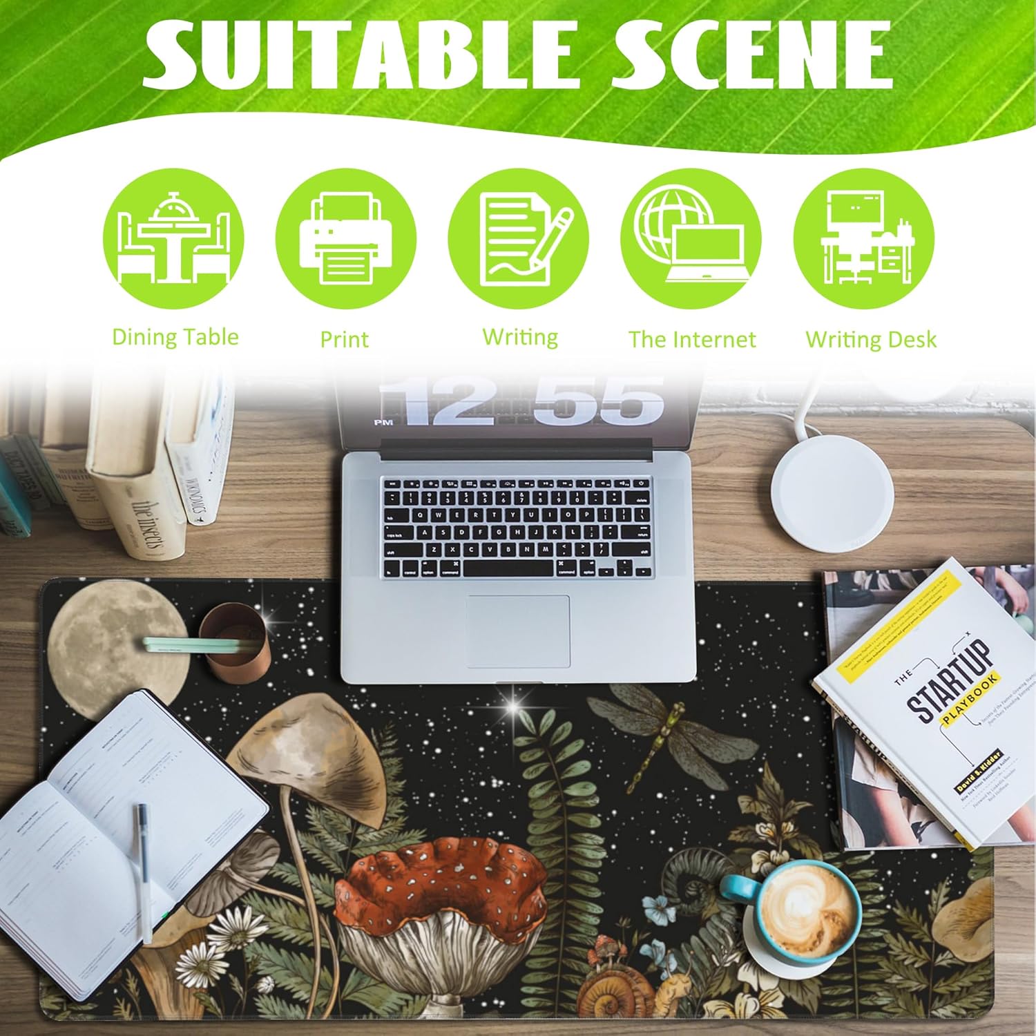 Large Gaming Mouse Pad for Desk,Cute Forest Mushroom Desk Mat,Starry Night Mushroom Desk Pad,Extended Big Computer Keyboard Mouse Pad with Non-Slip Base and Stitched Edge,35.4"x15.7"