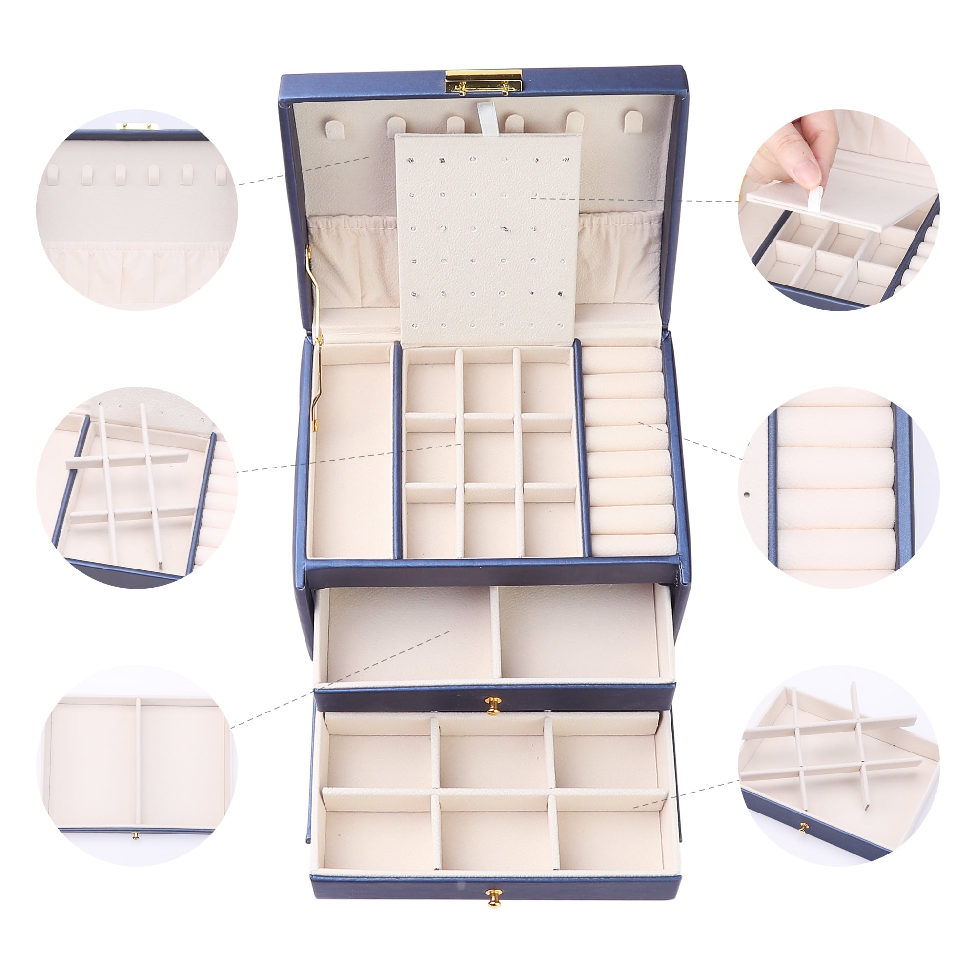 Unique Bargains 3 Layer Jewelry Box PU Leather Jewelry Organizer Case with Drawer Blue